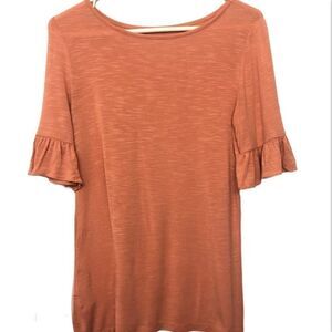 LOFT coral orange crew neck ruffle short sleeve top blouse T shirt modest XS